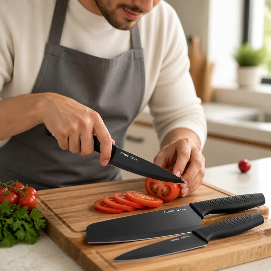 Sharp knife creating perfect clean slices through a ripe tomato with visible precision