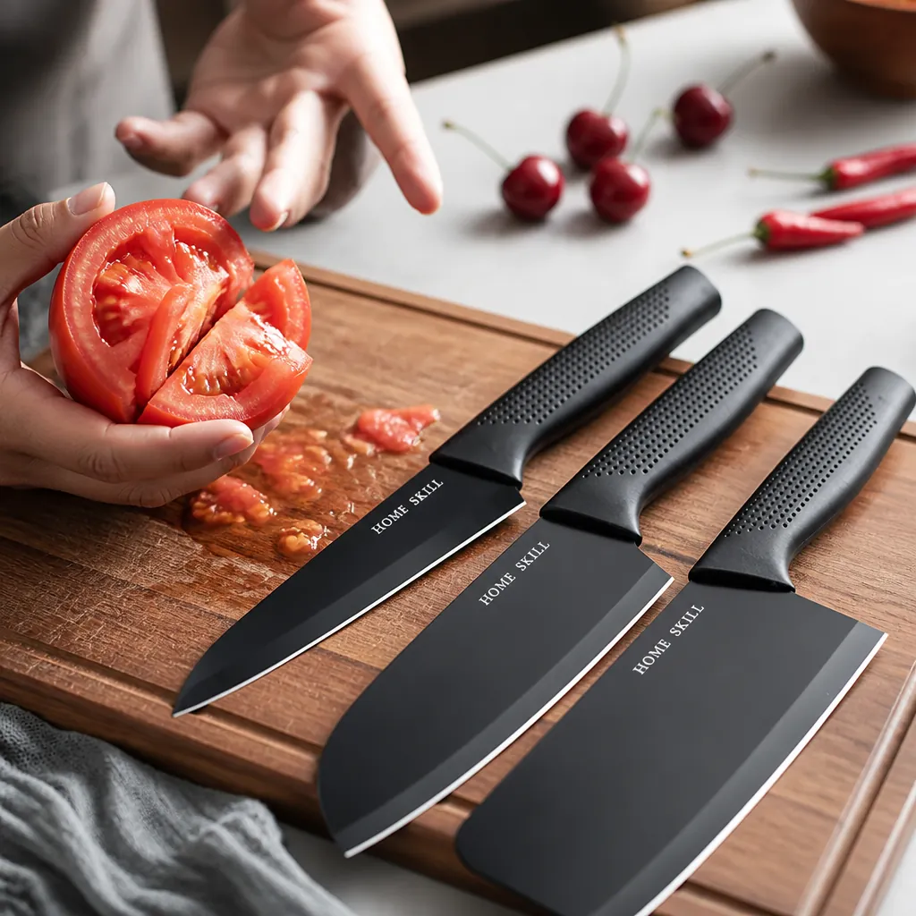 Dull knife mangling a tomato with uneven cuts and juice spilling