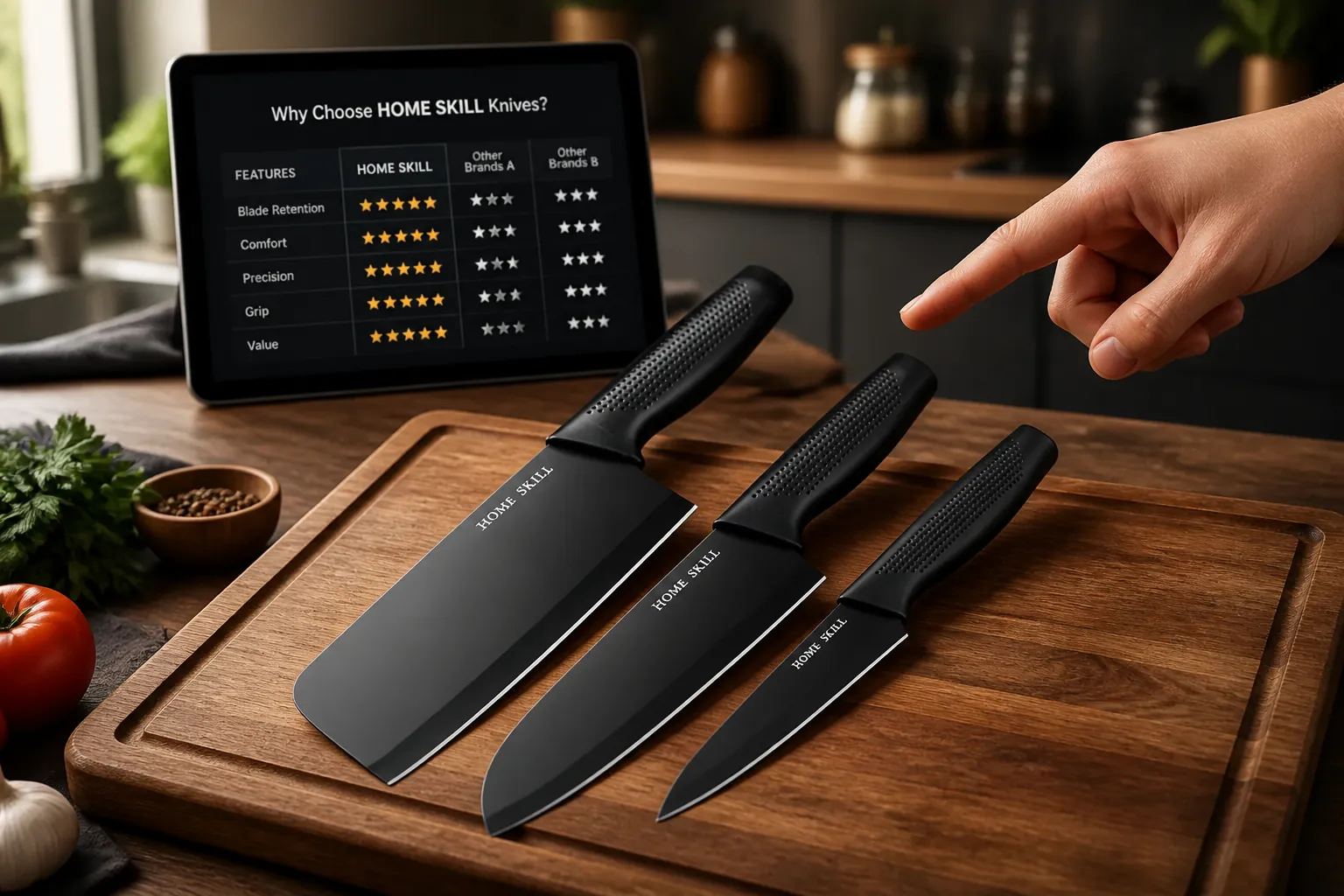 Detailed comparison chart showing our premium knives outperforming competitors in blade retention, comfort, precision, grip, and value