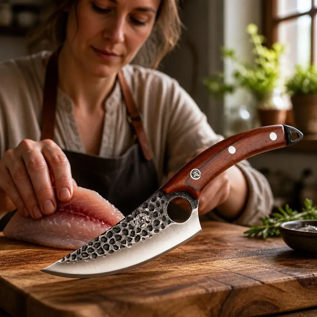 Ergonomic natural wood knife handle showing beautiful wood grain texture with smooth polished surface for comfortable grip