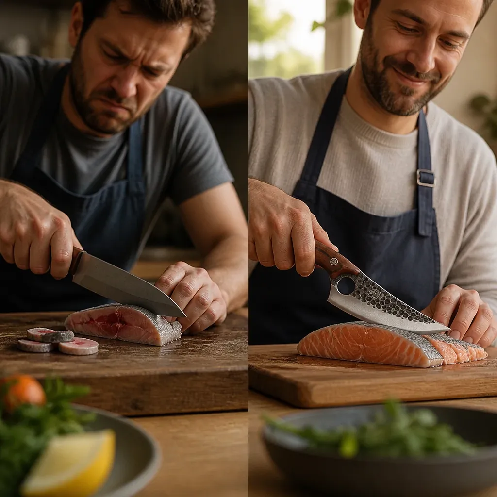 Split comparison showing frustrated home cook struggling with regular knife on left and satisfied cook using the bone-cutting knife smoothly on right