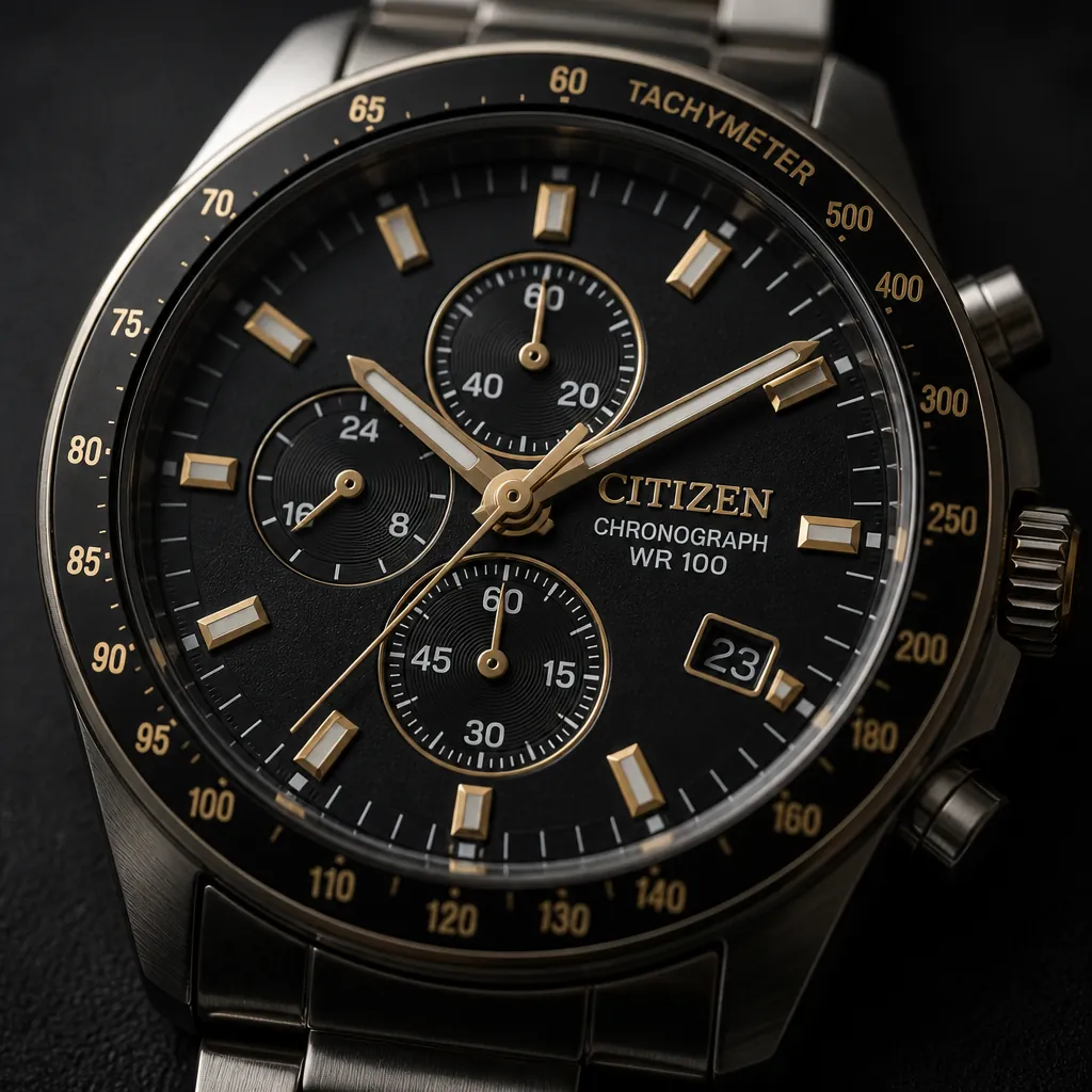Close-up macro shot of the Citizen chronograph watch face showing precision craftsmanship, gold accents, and detailed subdials in moody lighting
