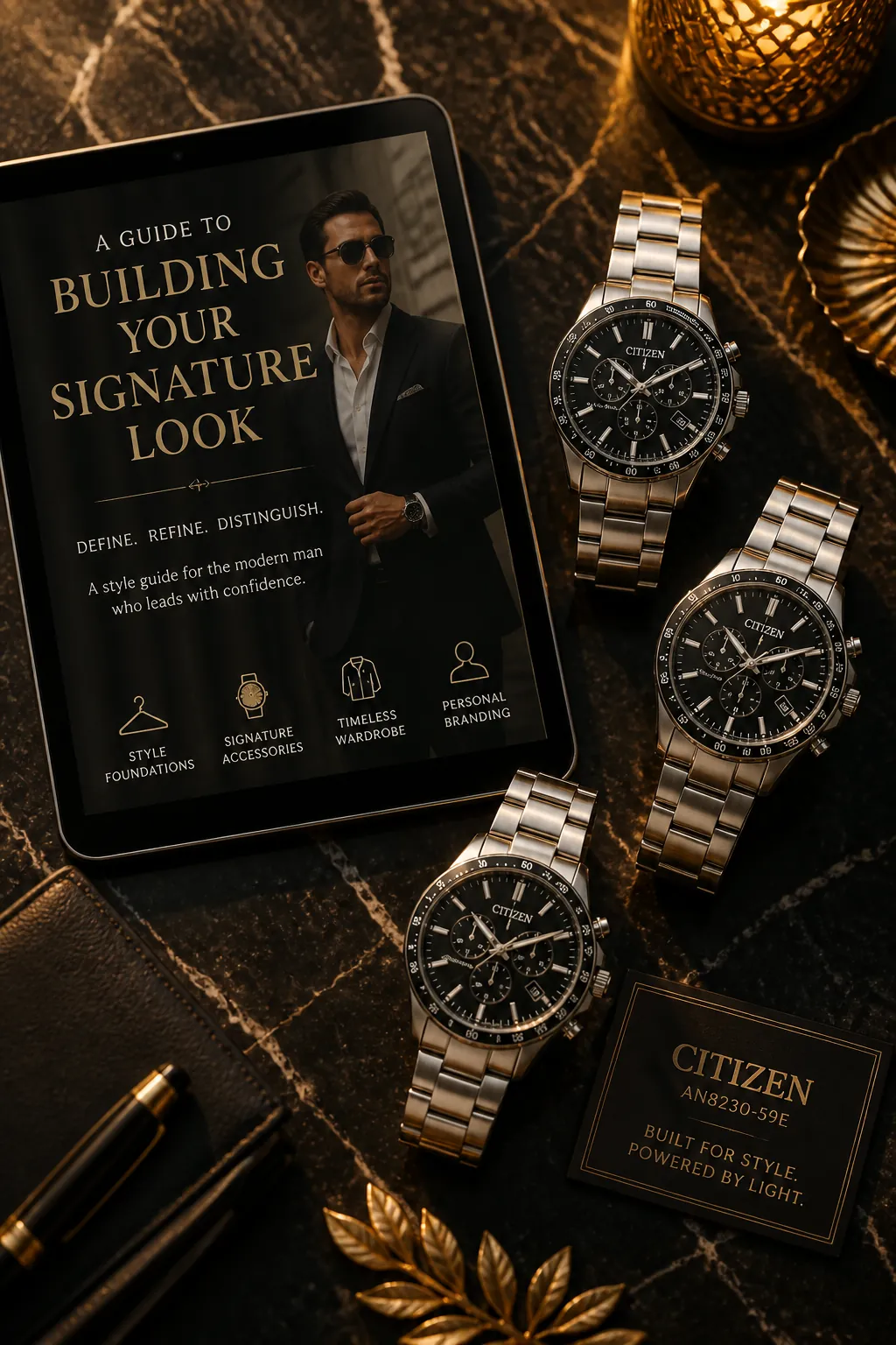 Elegant ebook mockup showing the Guide to Building Your Signature Look cover featuring a sophisticated watch collection arranged on dark marble surface with dramatic gold lighting