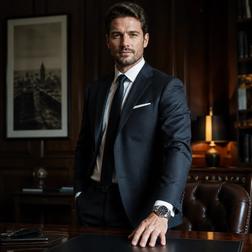 Confident professional man wearing a premium Citizen chronograph watch, dressed in a sharp business suit, standing in an elegant office setting with dramatic lighting highlighting the watch