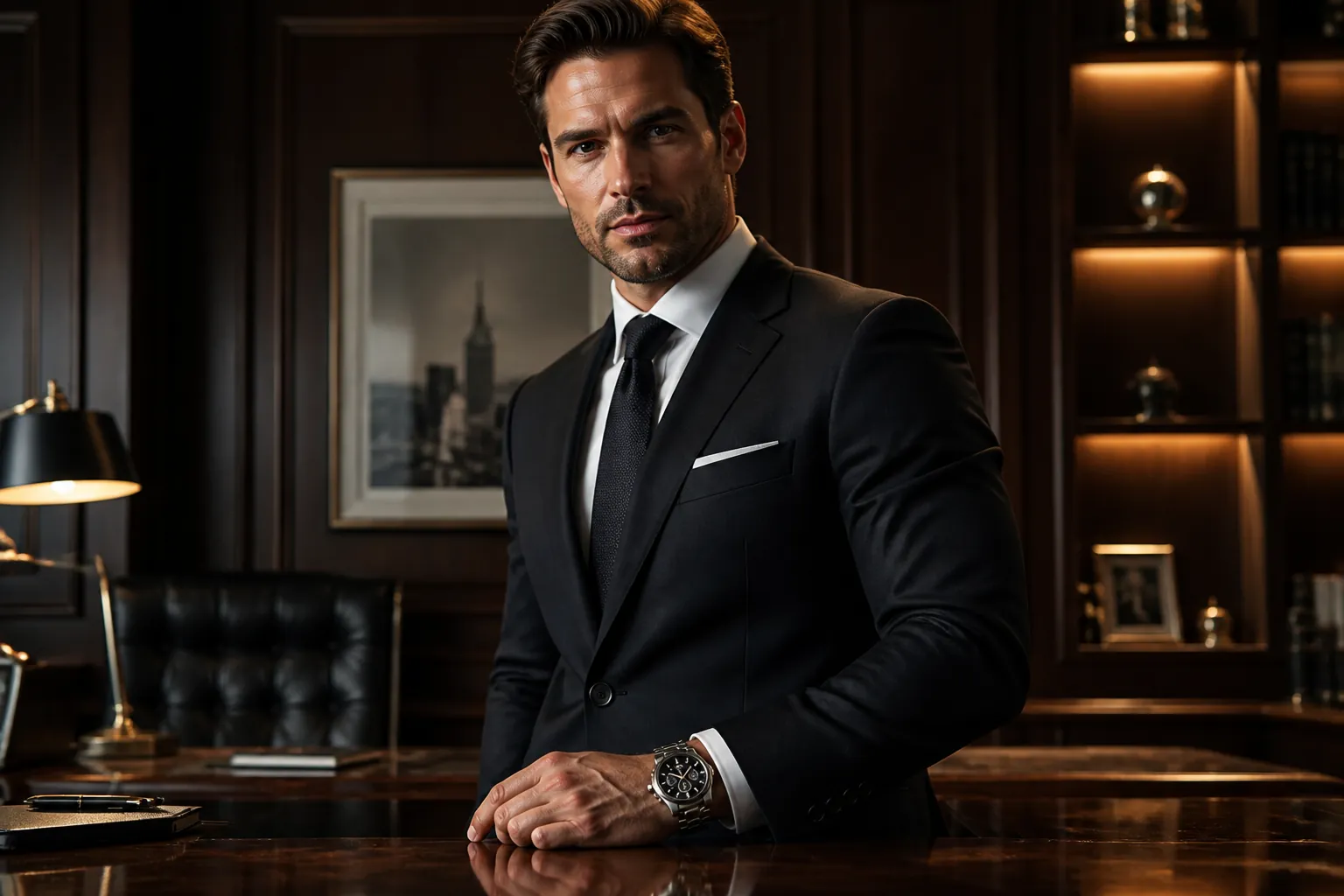 Professional man wearing the chronograph in an elegant boardroom with city skyline backdrop