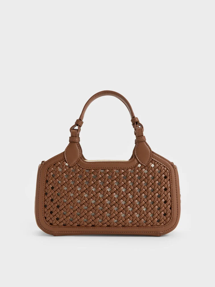 Mini Azure Woven Tote Bag in Chocolate Brown Small size with the detachable pouch visible
