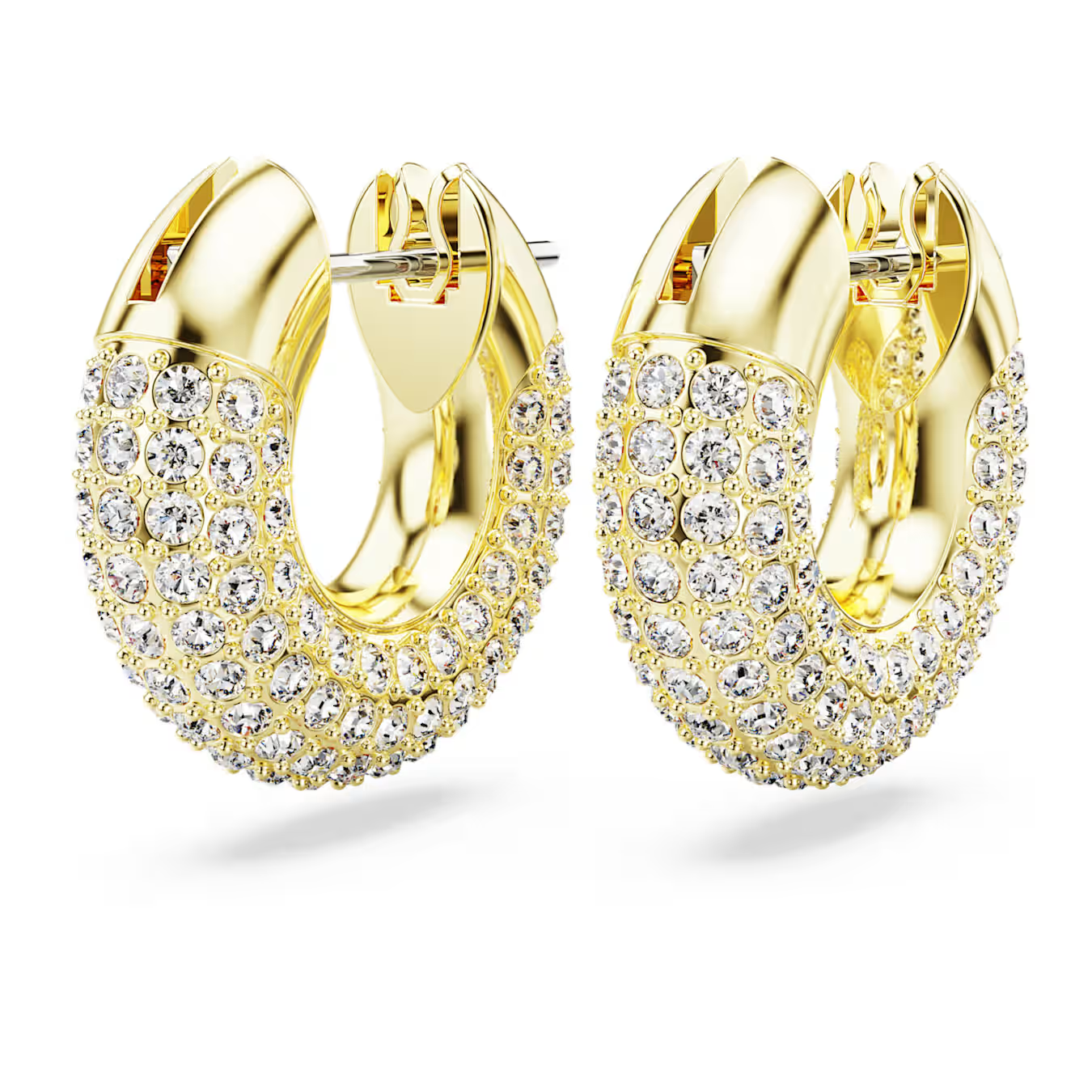 Dextera hoop earrings in gold finish with pavé white crystals catching light against dark background