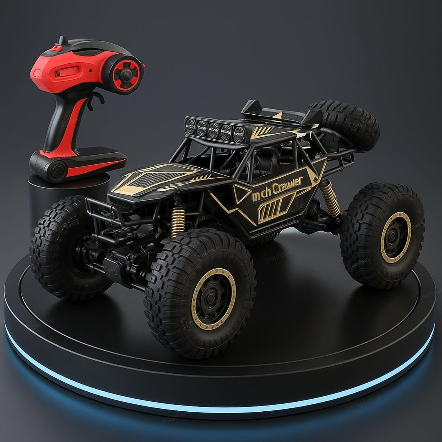 Large olive green and black 1:8 scale rock crawler remote-controlled car with oversized knobby offroad tires, heavy-duty suspension, and roof-mounted LED light bar on rocky terrain