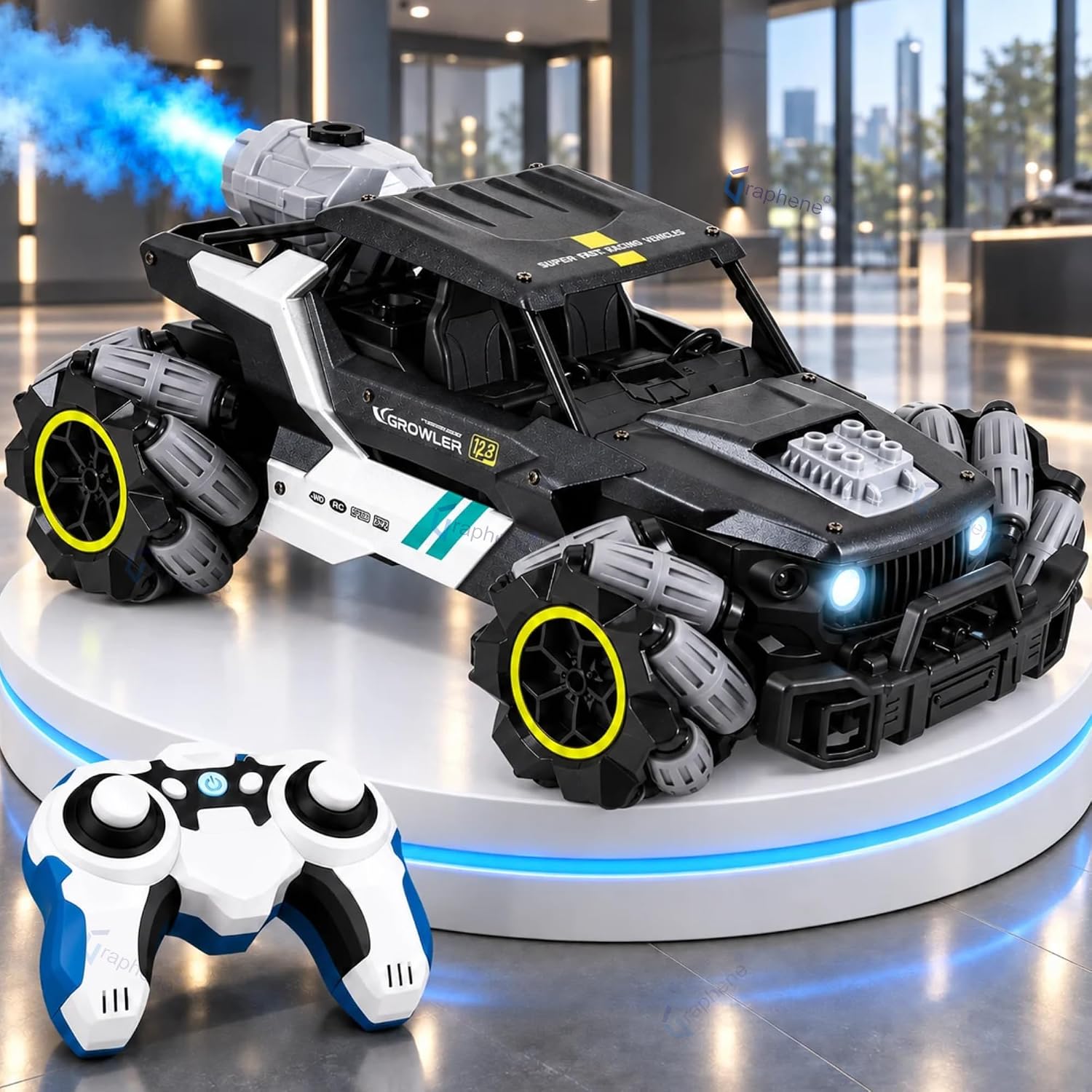 Aggressive black and orange Growler stunt remote-controlled car with chunky bumper, wide stance, and visible shock absorbers, parked on a textured concrete surface with soft directional lighting