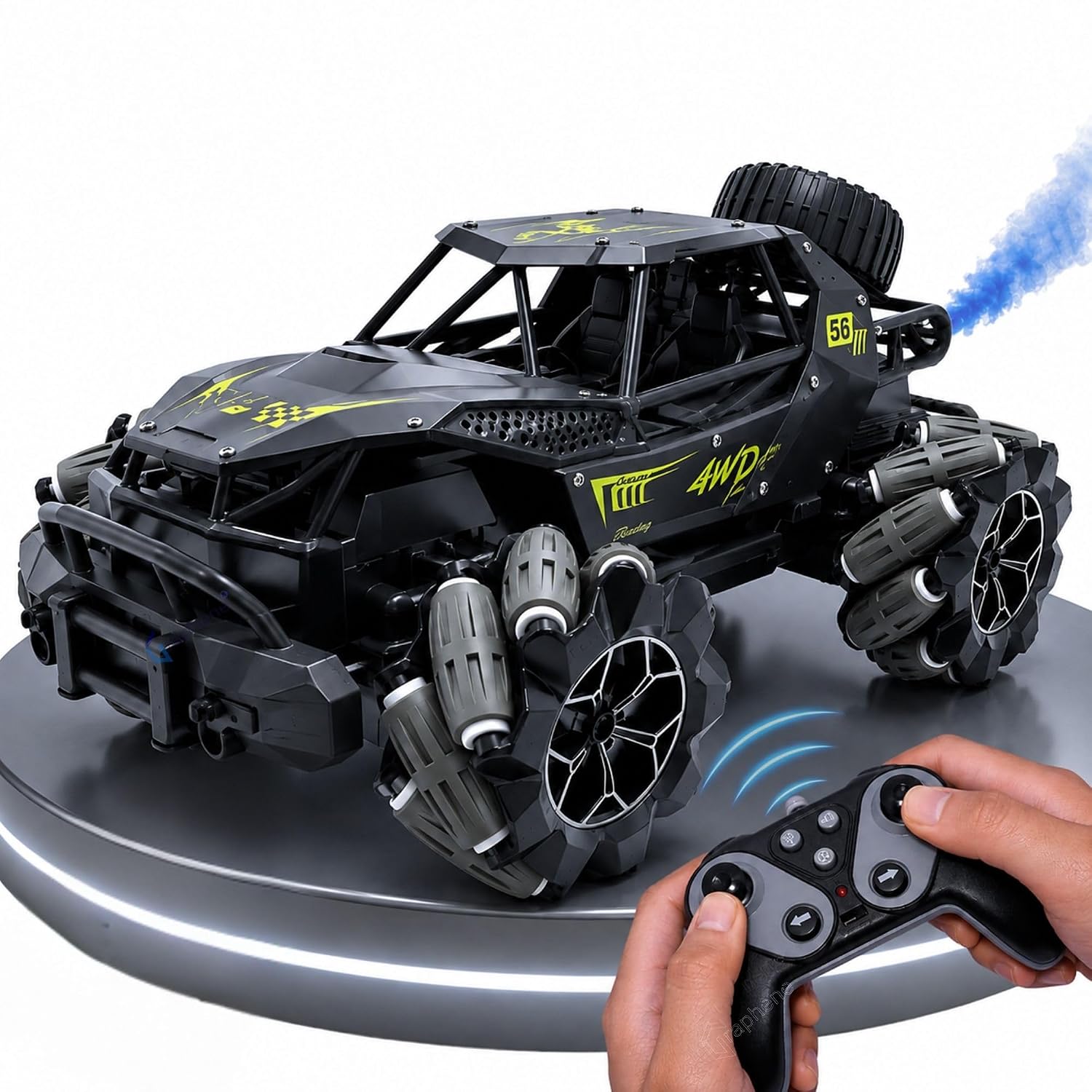 Mid-size red and black rock crawler remote-controlled car with deep-tread tires, raised suspension, and front grille guard, photographed outdoors on a gravel path with natural daylight