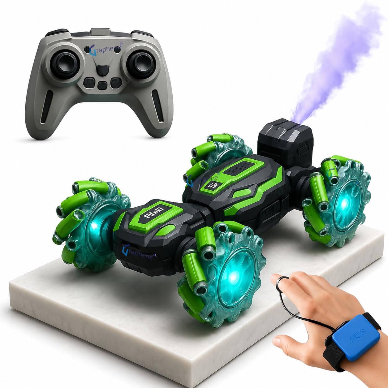 Compact black sensor-equipped remote-controlled car with a glowing purple gesture-sensor module mounted on the roof, dual smoke vents, and RGB underglow, posed on a clean white studio sweep