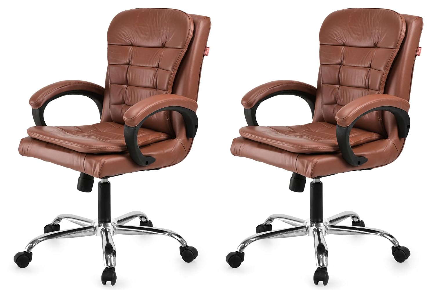 GOYALSON Mesh Back Revolving Chair in Brown color shown at front angle with mesh back, padded seat and 5-wheel base on warm white background