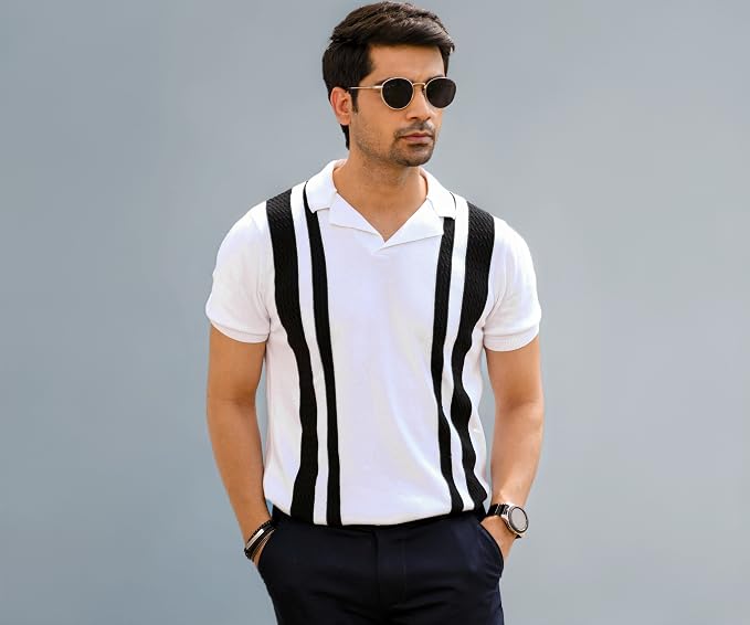 Men's Flat-Knit Polo T-Shirt &mdash; Retro Contrast Stripe &mdash; 100% Cotton