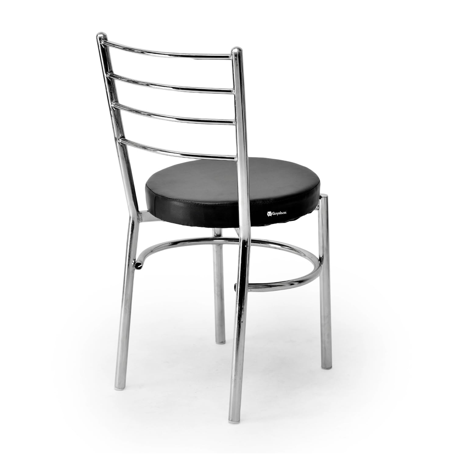 Front view of the Goyal Steel black dining chair showing strong welded steel legs, supportive backrest, and a soft cushioned seat on clean white background.