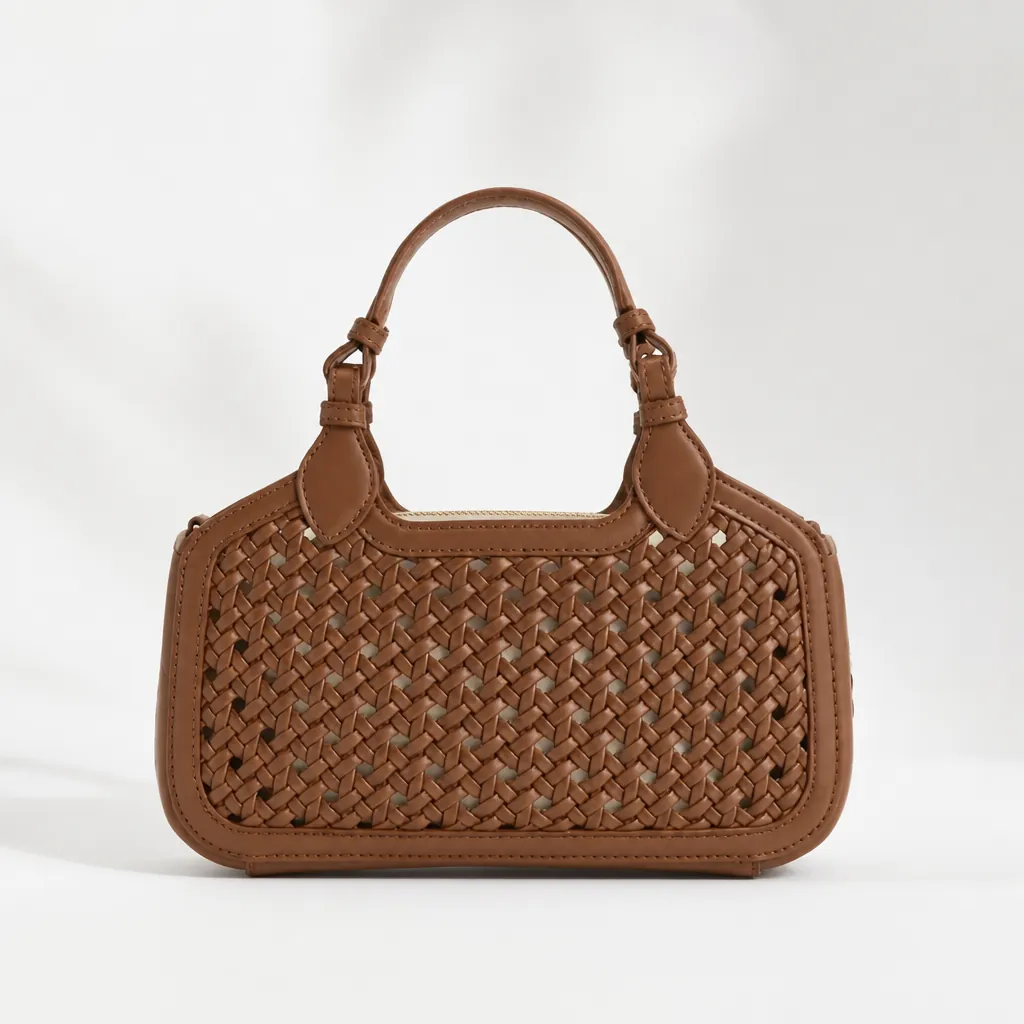 Mini Azure Woven Tote Bag in Chocolate Brown Big size shown from front view on a clean white background with soft shadows