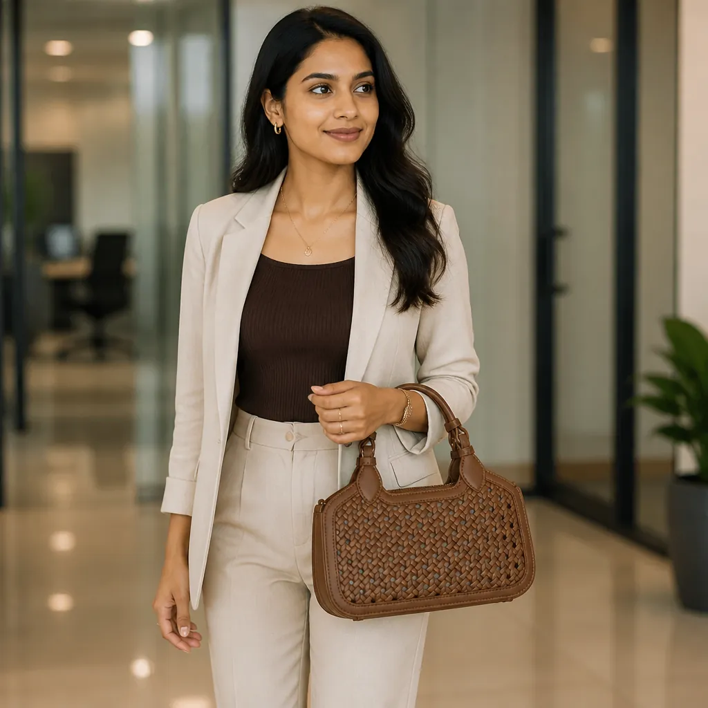 Professional woman in smart casual work attire with a tailored blazer and the Mini Azure tote on a polished office floor