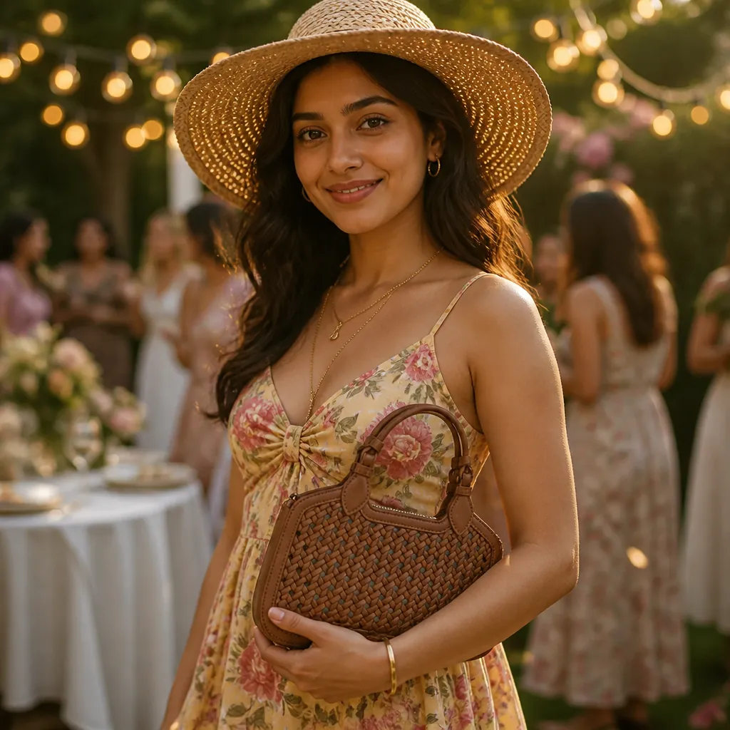 Young woman in a vibrant floral sundress with a wide-brimmed straw hat holding the Mini Azure woven tote at a garden party with fairy lights
