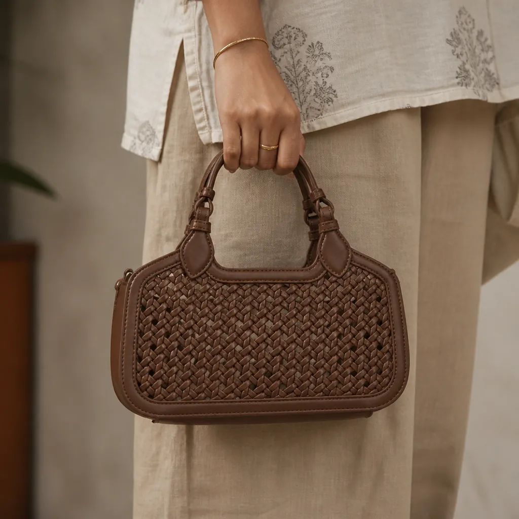 Elegant double handles in matching chocolate brown PU leather with precise stitching details