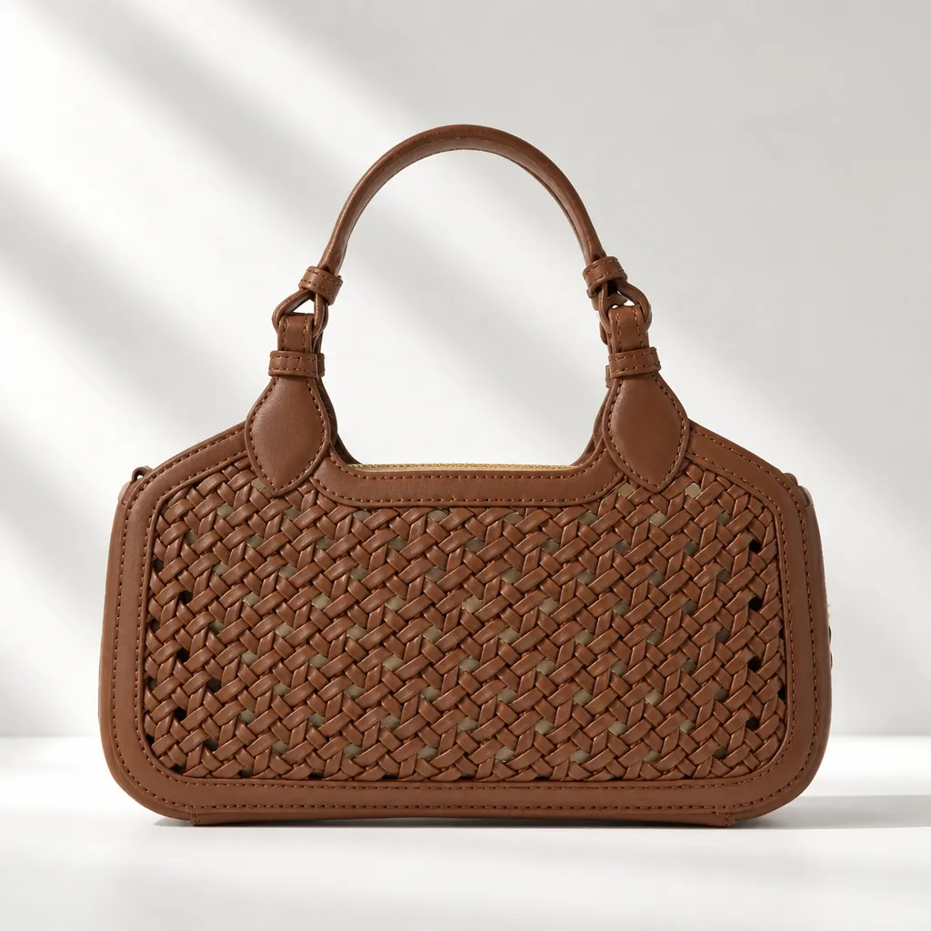 Mini Azure Woven Tote Bag in Chocolate Brown Small size shown from front view on a clean white background with soft shadows