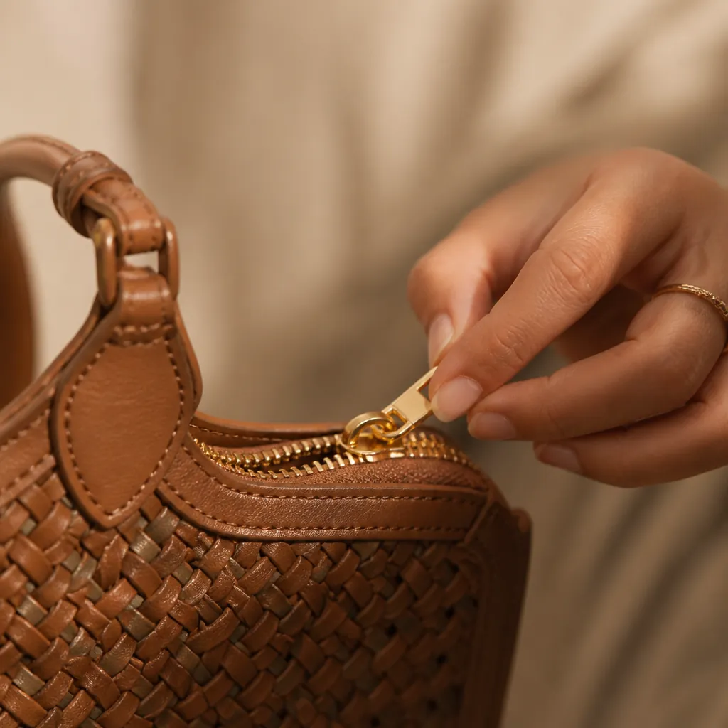 Close-up detail of the gold metallic top-zip closure mechanism opening smoothly with fingers