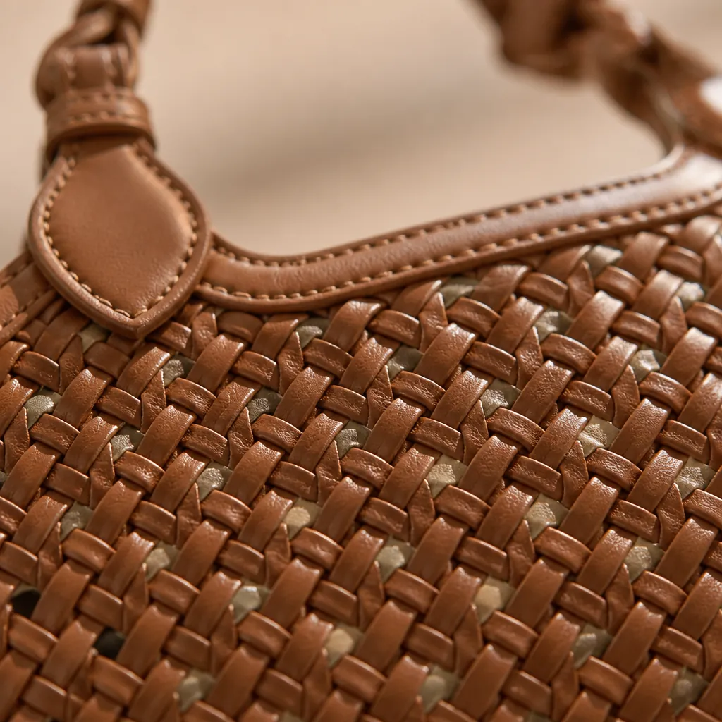Close-up macro shot of the woven PU texture showing intricate diagonal weaving pattern with warm lighting