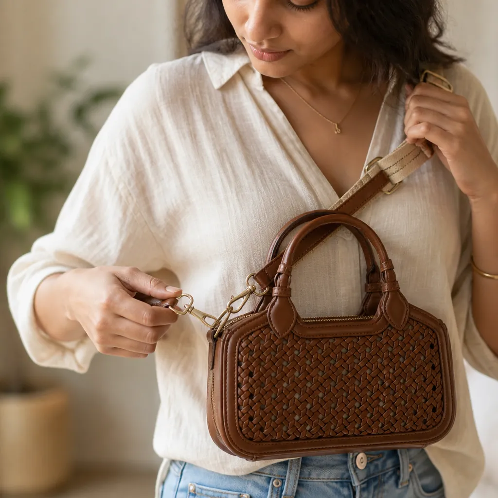 Adjustable woven shoulder strap with metal hardware clasps detaching from the tote bag