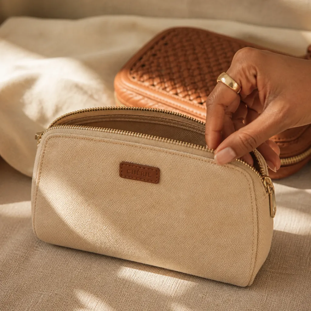 Detachable canvas inner pouch in natural beige fabric with small zipper and Charles Keith logo tag