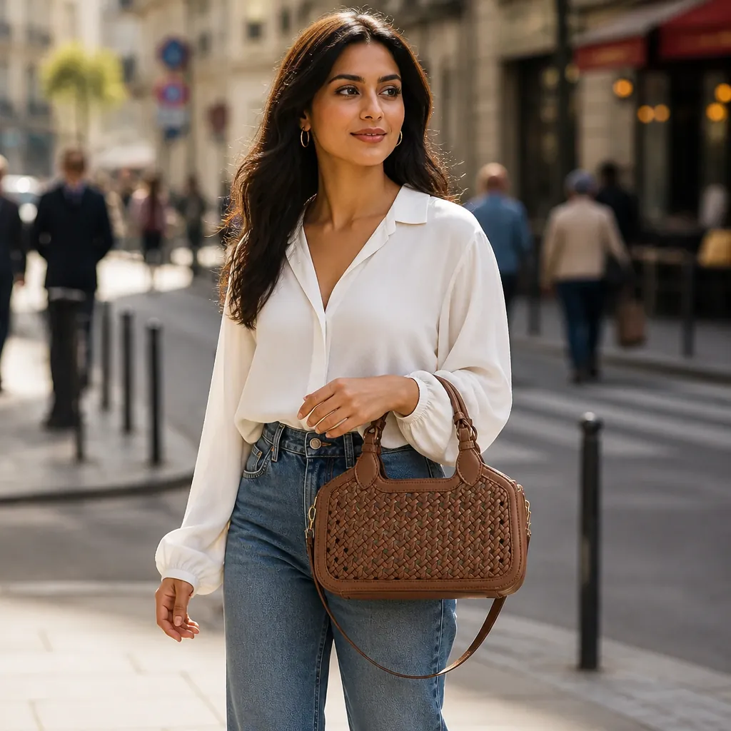 Fashionable woman in her thirties wearing high-waisted denim jeans and a flowing white blouse carrying the chocolate brown Mini Azure tote bag on a city street