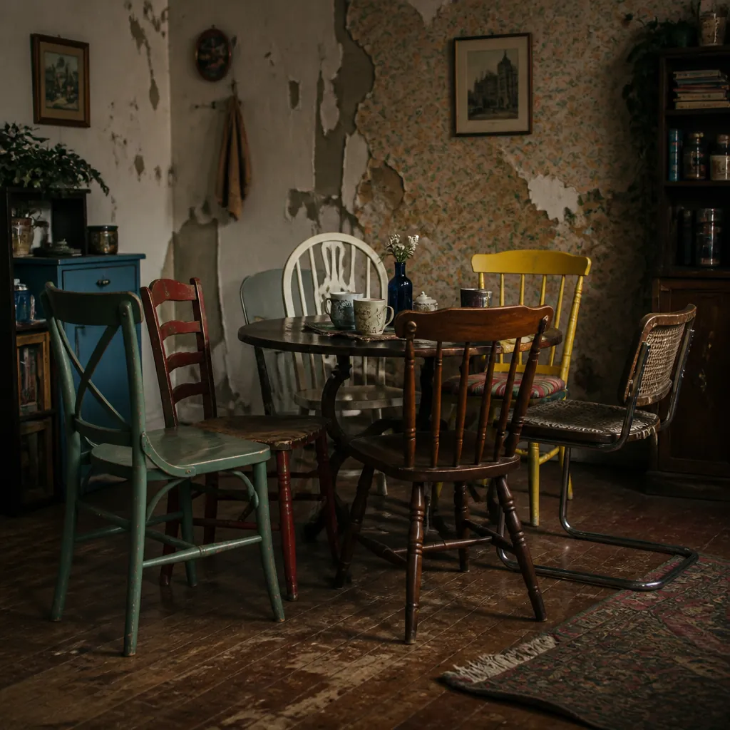Cluttered dining room corner with mismatched chairs in clashing colors and styles creating visual chaos