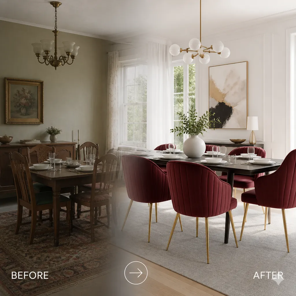 Split view showing a dated dining room with old mismatched furniture on the left transitioning through a gradient to a beautifully styled modern dining space on the right with elegant velvet chairs