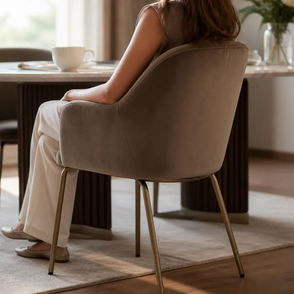 Intimate caf&eacute; corner with the Barfi chairs positioned at a small bistro table with potted plants, warm ambient lighting creating an inviting atmosphere