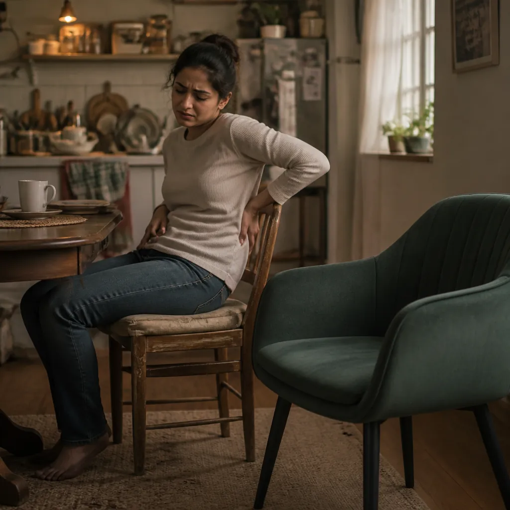 Person slouching uncomfortably in a worn dining chair, showing body language of discomfort and poor posture during a meal