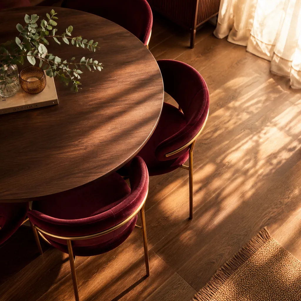 Bright modern dining room with large windows showing a city skyline, featuring the Barfi velvet chairs around a minimalist oak dining table with warm natural lighting