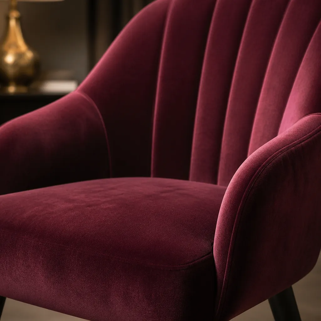 Close-up of the Barfi Velvet Dining Chair showing the luxurious velvet texture with soft lighting highlighting the fabric's subtle sheen and rich burgundy color