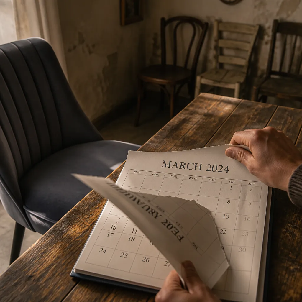 Calendar pages being torn away symbolizing time passing while the room remains unchanged and outdated