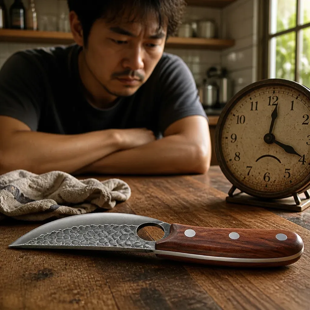 Clock with stressed face showing time wasted struggling with dull ineffective kitchen knives
