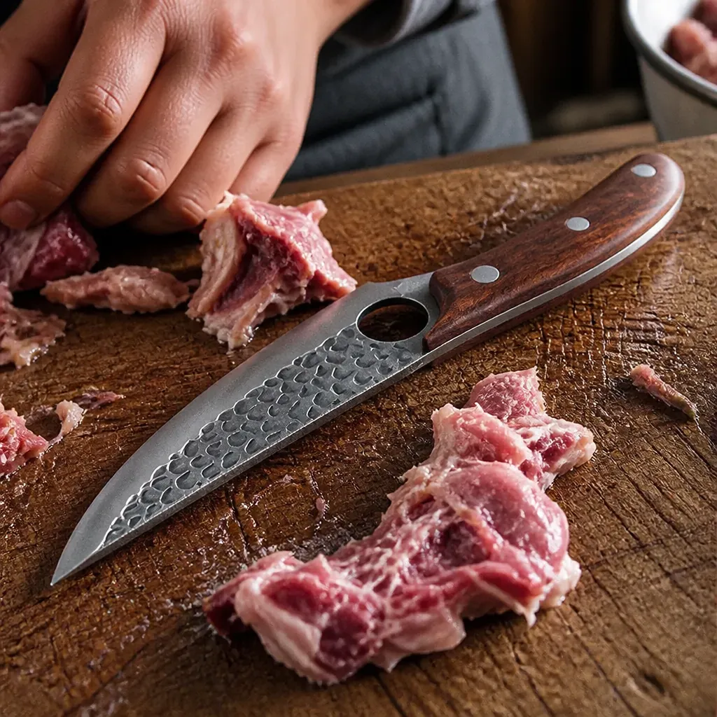 Close-up of torn and ragged meat cut instead of clean smooth slices showing poor knife performance