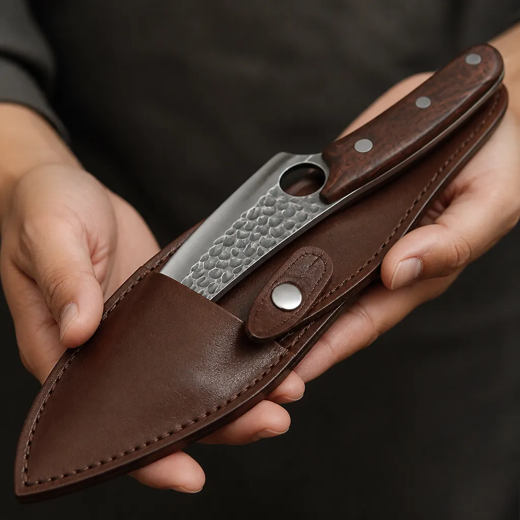 Professional leather knife sheath with snap closure showing premium protection case for kitchen knife storage