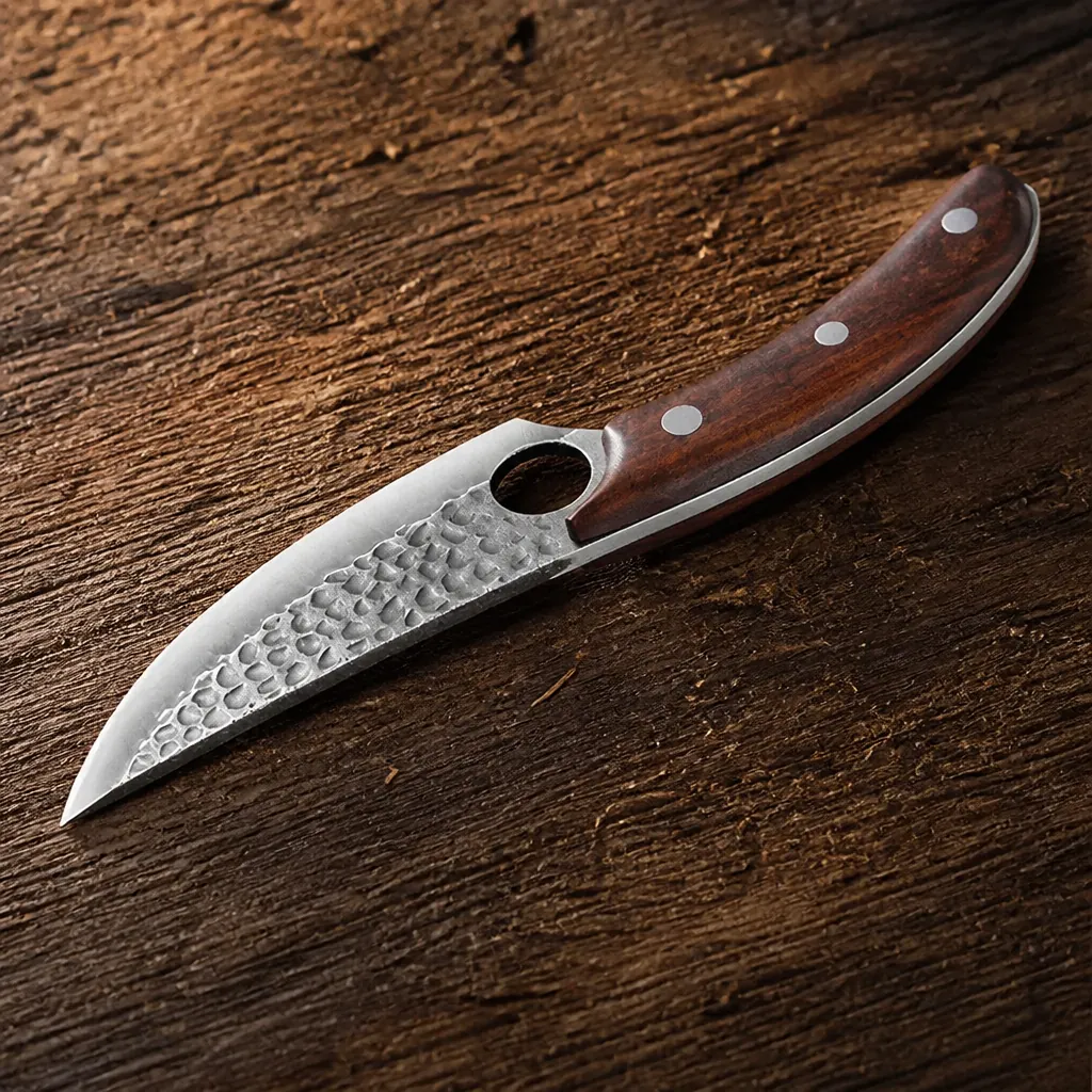 Rich textured close-up of natural wood knife handle showing beautiful grain patterns and ergonomic grip design