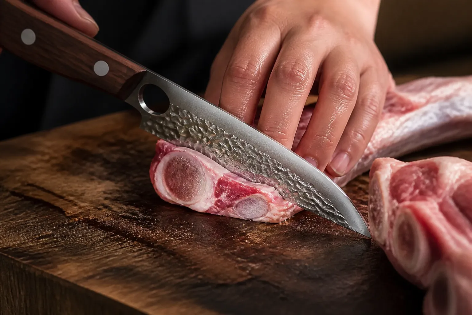 Professional clean smooth precision cuts through meat showing restaurant-quality results from sharp bone-cutting knife
