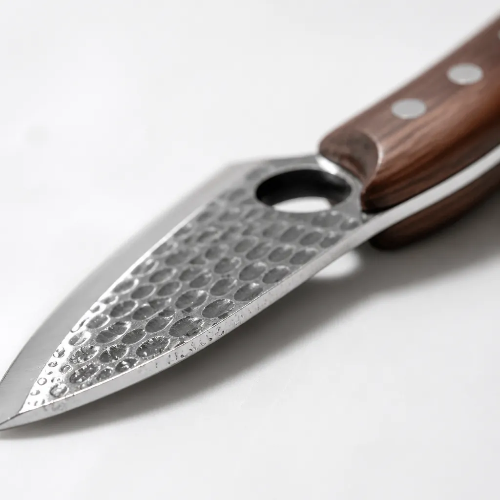 Extreme close-up macro photograph of stainless steel knife blade edge showing mirror polish and razor-sharp precision cutting surface