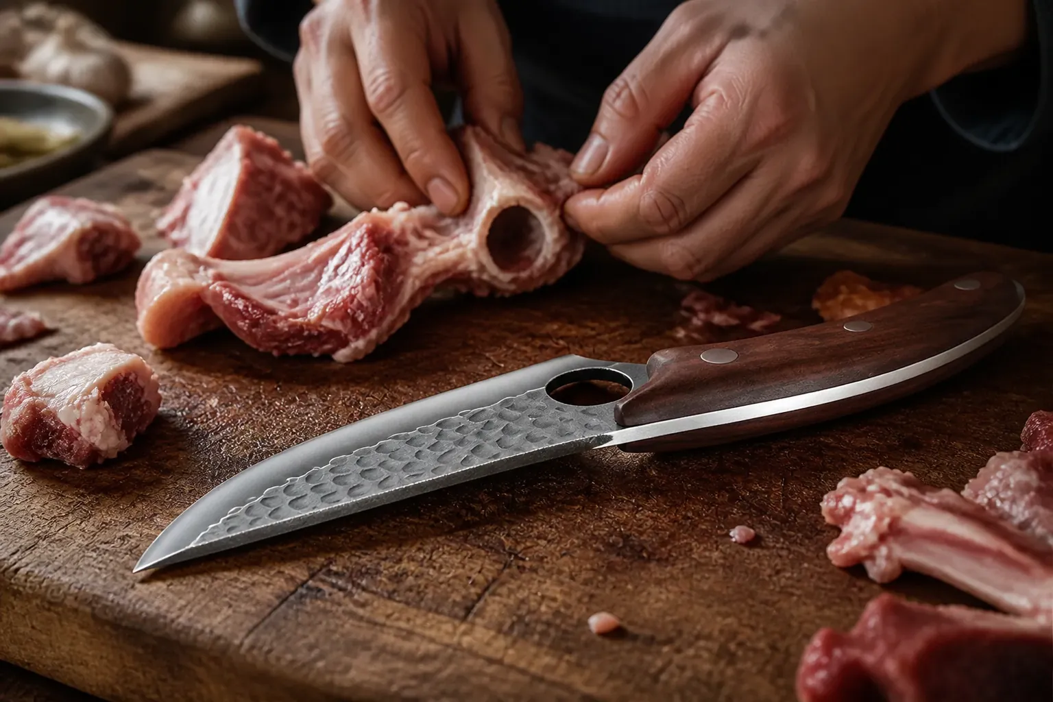 Close-up comparison showing messy torn and ragged meat cuts from inferior dull kitchen knife with jagged uneven edges