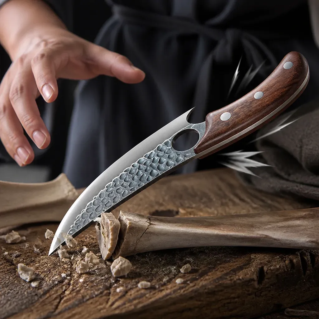 Illustration of a knife slipping dangerously on a bone with jagged motion lines showing loss of control
