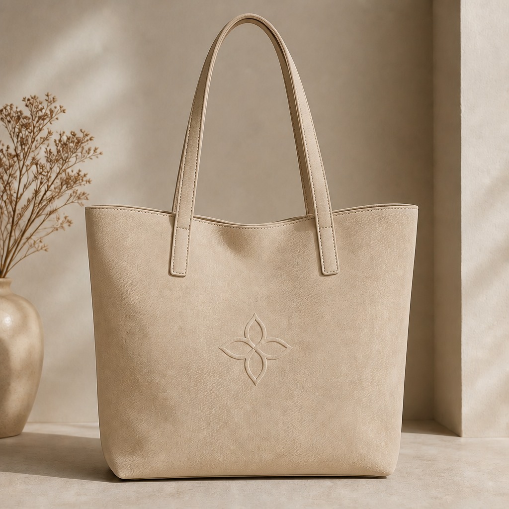 Everyday Tote Bag in Beige colorway, photographed on a clean neutral backdrop with soft directional light, calm and premium feel