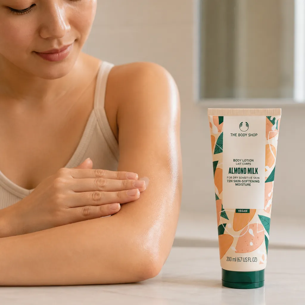 Hands smoothly applying cream lotion onto skin with circular massaging motions, product being absorbed evenly