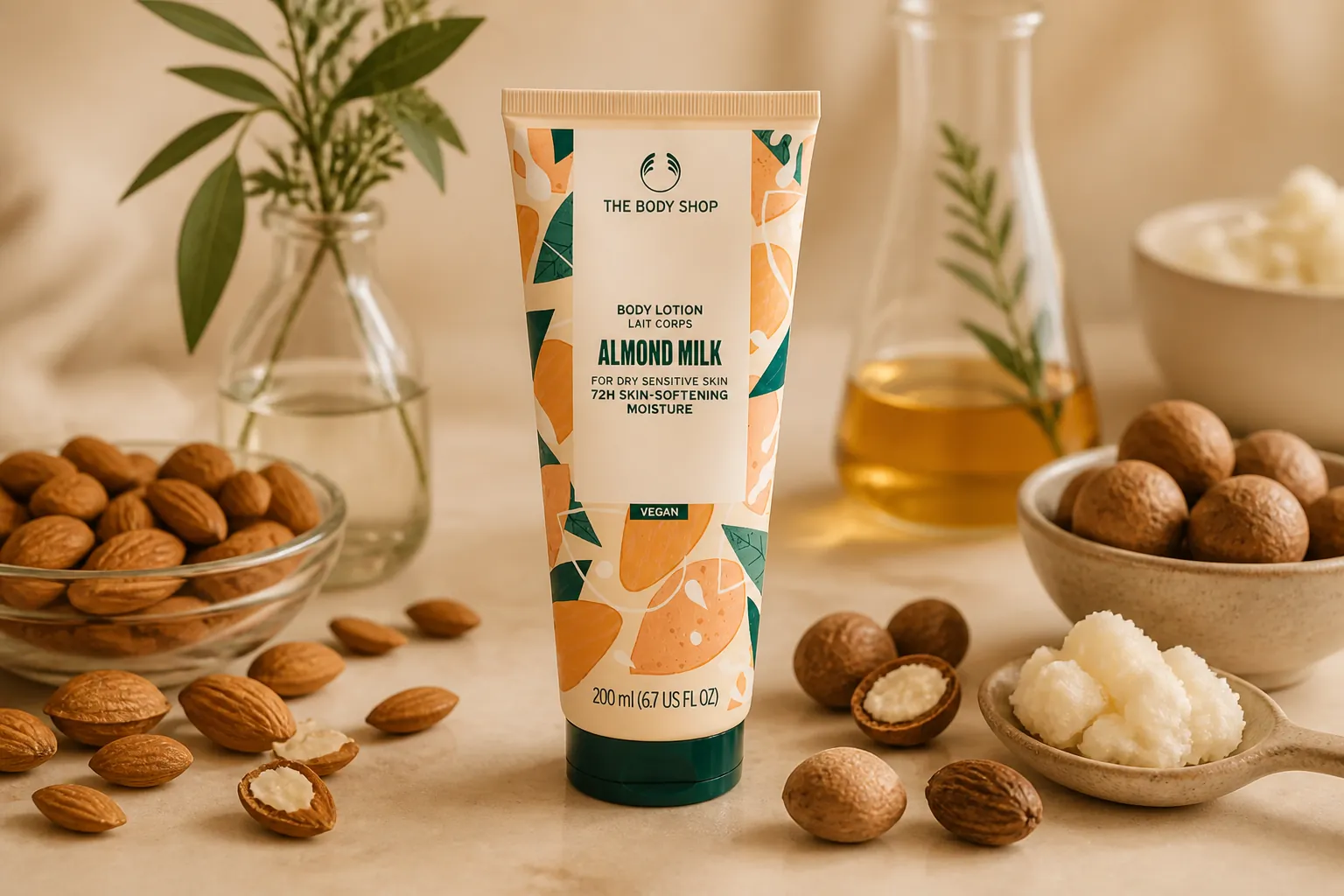 Wide composition showing macro close-up shots of golden almonds, raw shea nuts, and organic botanical extracts arranged symmetrically with the product bottle, soft natural diffused lighting with warm cream and almond color palette