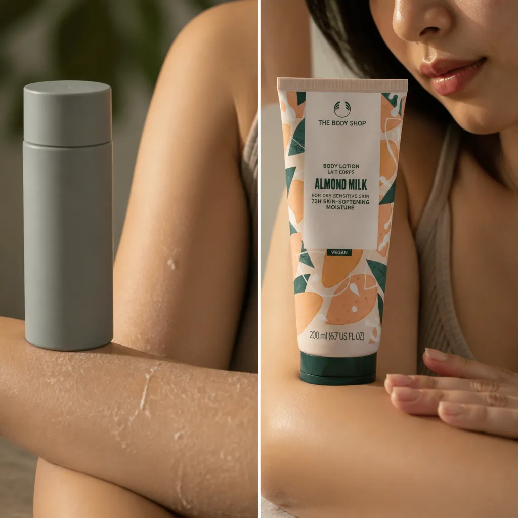 Split comparison showing left side with sticky white residue on dry skin and right side with smooth perfectly absorbed lotion leaving skin silky and moisturized, shot in soft natural lighting with warm earthy tones