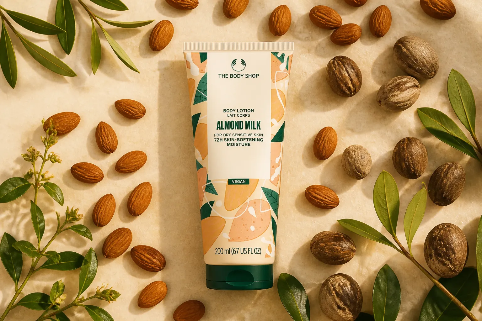 Elegant flat lay composition featuring the almond milk body lotion bottle centered with fresh raw almonds scattered around, shea nuts, and green botanical leaves, warm natural overhead lighting with cream and golden tones