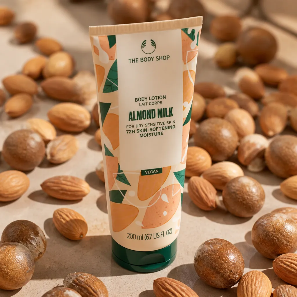 Macro close-up photography of raw organic almonds with detailed texture visible, golden shea nuts scattered around, soft depth of field with warm natural lighting emphasizing the natural beauty of the ingredients