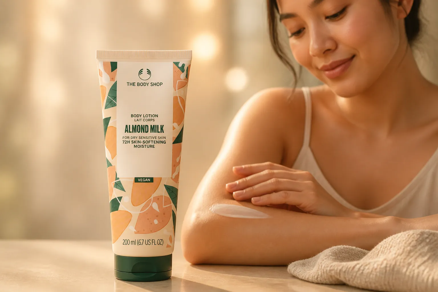 Radiant glowing skin texture with soft bokeh light reflections, elegant product bottle subtly visible, warm golden-hour lighting creating an aspirational and luxurious atmosphere